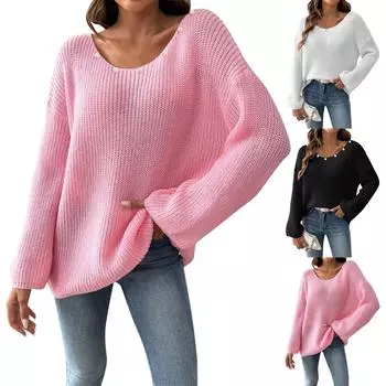 Женский свитер-пуловер с бисером сверху, свободный свитер с открытыми плечами и расклешенными рукавами L розовый