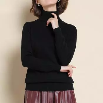 Женский свитер-пуловер с длинными рукавами и круглой горловиной, облегающий по фигуре L чёрный