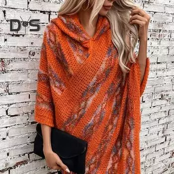 Женский свитер-пуловер с капюшоном, рукавом «летучая мышь», коротким рукавом, кисточкой, вязаная накидка, разноцветная полосатая асимметричная кромка, накидка-пончо зелёный