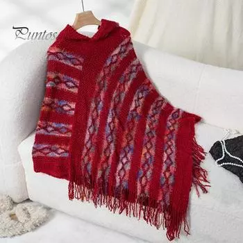 Женский свитер-пуловер с капюшоном, рукавом «летучая мышь», коротким рукавом, кисточкой, вязаная накидка, разноцветная полосатая асимметричная кромка, накидка-пончо зелёный