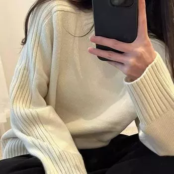 Женский свитер-пуловер с круглым вырезом в корейском стиле на осень-зиму, свободный крой, ребристый, простой и универсальный трикотаж для верхней одежды S чёрный