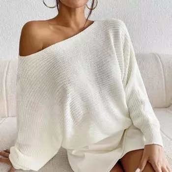 Женский свитер-пуловер с открытыми плечами и однотонным трикотажным воротником, осенне-зимний, с рукавами-фонариками S слоновая кость