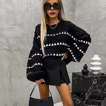 Женский свитер-пуловер с полосатым принтом, свободный крой, трикотажный джемпер с круглым вырезом S чёрный