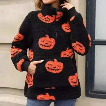 Женский свитер-пуловер с принтом «Хэллоуин» на половину молнии из плюша XXL чёрный