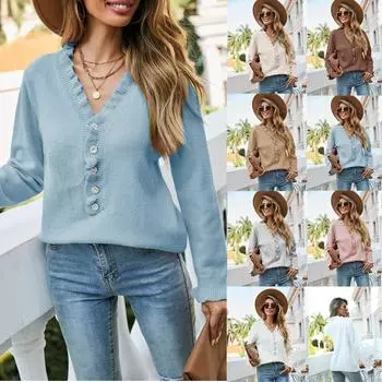 Женский свитер-пуловер с пуговицами и деревянными ушками, однотонный вязаный свитер с индивидуальностью, удобная женская одежда S дубильная кора