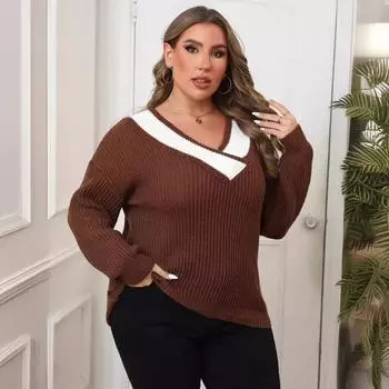 Женский свитер-пуловер с V-образным вырезом в стиле пэчворк, размер плюс, осень/зима S кофейный