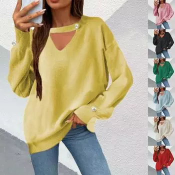 Женский свитер-пуловер с V-образным вырезом и жемчужным узором на осень и зиму L чёрный