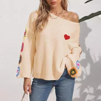 Женский свитер-пуловер с вырезом на одно плечо и свободным верхом, связанный вручную крючком, случайные смешанные цвета L бежевый