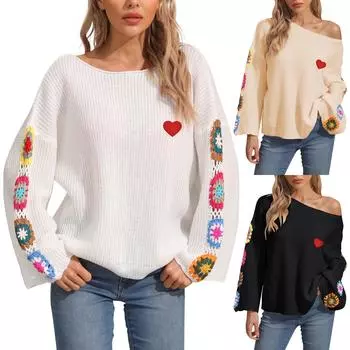 Женский свитер-пуловер с вырезом на одно плечо и свободным верхом, связанный вручную крючком, случайные смешанные цвета L бежевый