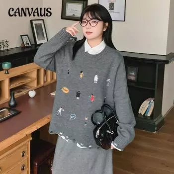 Женский свитер-пуловер с вышивкой и круглым вырезом больших размеров XL чёрный