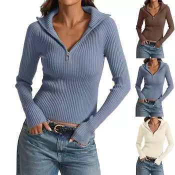 Женский свитер-пуловер с застежкой-молнией на половину длины, с V-образным вырезом, воротником и длинным рукавом, ребристый трикотаж, осенние топы, нарядные повседневные L чёрный