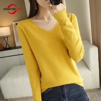 Женский свитер, пуловер, СОВРЕМЕННЫЙ НОВЫЙ шерстяной вязаный джемпер SAGA с v-образным вырезом и длинными рукавами, осенне-зимние мягкие теплые свитера