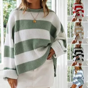 Женский свитер-пуловер в широкую полоску с цветными блоками, круглым вырезом, длинными рукавами, ребристыми манжетами, свободный свитер, повседневный трикотаж XL светло-синий