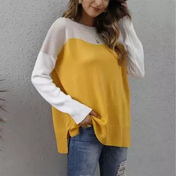 Женский свитер-пуловер, вязаный свитер, осенне-зимний свитер, свободный повседневный свитер с эффектом сращивания S жёлтый