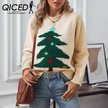 Женский свитер QICED Christmas Tree, свободный праздничный женский трикотаж с круглым воротом на осень и зиму S абрикосовый