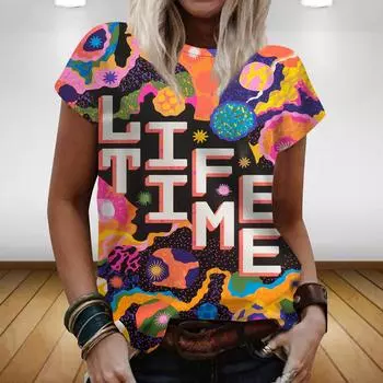 Женский свитер с 3D-цифровой печатью, свободный, круглый вырез, городской, повседневный, с короткими рукавами S