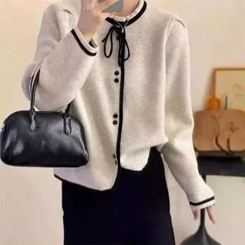 Женский свитер с бантом на шнуровке и вырезом на шее, осенне-зимний, новый, маленький, ароматный, вязаный кардиган, мягкий, вощеный, женский тренд One size