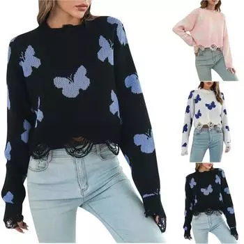 Женский свитер с цветными блоками и бабочками, трикотажный свитер в стиле пэчворк, топы L белый