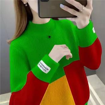 Женский свитер с цветными блоками, полуводолазка, утолщенный вязаный джемпер, осенне-зимний свободный вязаный свитер S красный