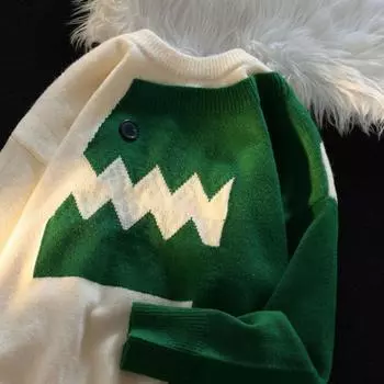 Женский свитер с цветными блоками, свободный, повседневный, с длинными рукавами, с рисунком динозавра, вязаный свитер с круглым вырезом, женский топ One Size бежевый