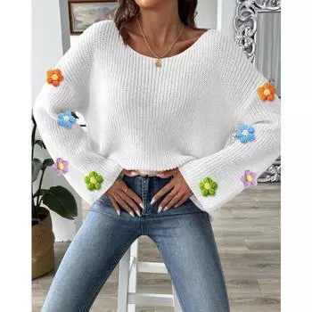 Женский свитер с цветочным узором, связанный вручную крючком, с простым свободным однотонным вырезом и расклешенными рукавами, открытыми плечами S розовый