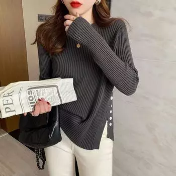 Женский свитер с длинным рукавом и круглым вырезом, модный трикотажный однотонный облегающий повседневный зимний женский свитер, элегантный женский джемпер с пуговицами, трикотаж 25614 One Size чёрный