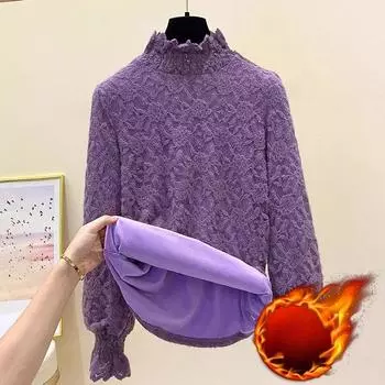 Женский свитер с длинным рукавом, облегающий топ, осень-зима, толстый, кружевной, модный, шикарный низ, однотонная, полувысокая горловина, рубашка в стиле пэчворк XXXXL белый