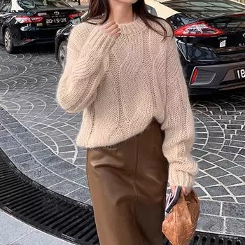 Женский свитер с длинным рукавом, осенне-зимний, повседневный, с мягкой внутренней основой, свободный, укороченный, трикотажный пуловер верблюд