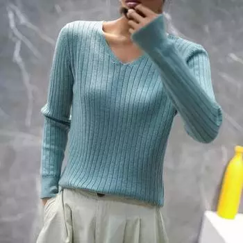 Женский свитер с длинным рукавом, осенний свитер с V-образным вырезом, новый тонкий повседневный вязаный свитер для женщин, зимний облегающий женский трикотаж, топы 24744 белый