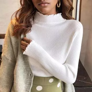 Женский свитер с длинным рукавом, осенний, тонкий, приталенный, с полувысоким воротом, повседневный, теплый, вязаный свитер, женский, однотонный, модный, зимний трикотаж 24852 One Size белый
