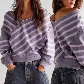Женский свитер с длинным рукавом, полосатый, цветной, трикотажный свитер с V-образным вырезом, свободный пуловер, джемпер, топы, повседневная одежда S