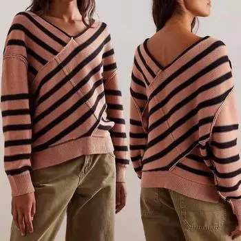 Женский свитер с длинным рукавом, полосатый, цветной, вязаный свитер, V-образный вырез, свободный, пуловер, джемпер S синий