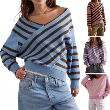 Женский свитер с длинным рукавом, полосатый, цветной, трикотажный свитер с V-образным вырезом, свободный пуловер, джемпер, топы, повседневная одежда S