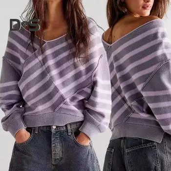 Женский свитер с длинным рукавом, полосатый, цветной, трикотажный свитер с V-образным вырезом, свободный пуловер, джемпер, топы, повседневная одежда S