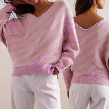 Женский свитер с длинным рукавом, полосатый, цветной, трикотажный свитер с V-образным вырезом, свободный пуловер, джемпер, топы, повседневная одежда S