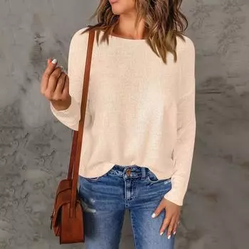 Женский свитер с длинным рукавом, повседневный, универсальный, с круглым вырезом, однотонный топ L бежевый