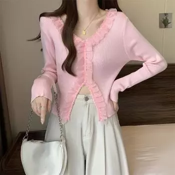 Женский свитер с длинным рукавом, свитер для женщин, повседневный тонкий кружевной лоскутный розовый свитер с разрезом, осенний топ one size белый