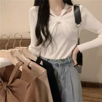 Женский свитер с длинным рукавом, свитер для женщин, повседневный тонкий сексуальный свитер с открытыми плечами и бантом, бежевый свитер, осенний топ one size абрикосовый