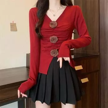 Женский свитер с длинным рукавом, свитер для женщин, повседневный тонкий сексуальный свитер с трехмерным цветочным узором, осенний топ one size чёрный