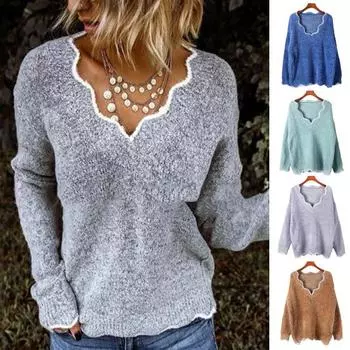 Женский свитер с длинным рукавом, свободный крой, V-образный вырез, вязаный свитер, женский повседневный джемпер, пуловер, топ для осени и зимы S синий