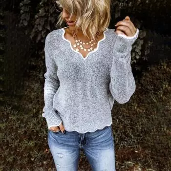 Женский свитер с длинным рукавом, свободный крой, V-образный вырез, вязаный свитер, женский повседневный джемпер, пуловер, топ для осени и зимы S синий