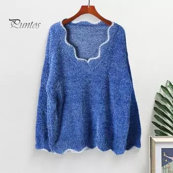 Женский свитер с длинным рукавом, свободный крой, V-образный вырез, вязаный свитер, женский повседневный джемпер, пуловер, топ для осени и зимы S синий