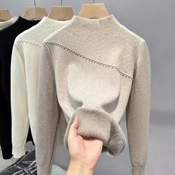 Женский свитер с длинным рукавом, теплый, бархатный, полуводолазка, пуловер с низом, повседневный топ, осень, зима, флисовые свитера, утолщенные трикотажные топы One size