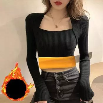 Женский свитер с длинным рукавом, толстый, теплый, бархатный, квадратный вырез, однотонный, укороченный свитер, повседневный тонкий топ, осень, зима, флисовые свитера one size абрикосовый