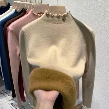 Женский свитер с длинным рукавом, толстый, теплый, бархатный, полуводолазка, укороченный свитер, повседневный топ, осень, зима, флисовые свитера One Size