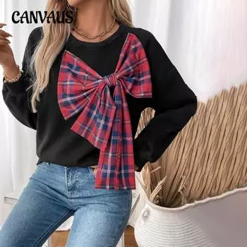 Женский свитер с длинным рукавом, утолщенный топ с бантом, осенне-зимняя круглая горловина, клетчатая толстовка с плетением S чёрный