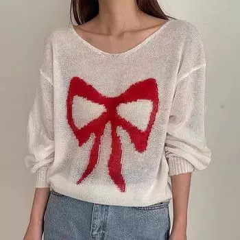 Женский свитер с длинным рукавом y2k Top Knitted Pullover V-образный вырез Fashion свитер Женская летняя осенняя женская одежда Bow Print свитера One Size