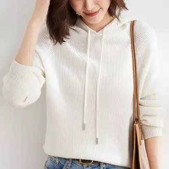 Женский свитер с длинными рукавами и капюшоном, свободный и повседневный, вязаный свитер с утолщенной нижней частью, теплая толстовка с капюшоном, толстовка с капюшоном