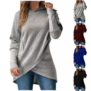 Женский свитер с длинными рукавами и неровным низом, повседневная толстовка с капюшоном, однотонный топ L чёрный