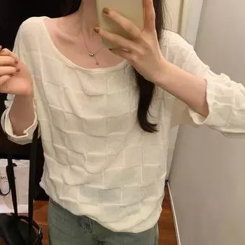 Женский свитер с длинными рукавами и однотонной текстурой в клетку с низким воротником, новый осенне-зимний свободный топ на одно плечо S